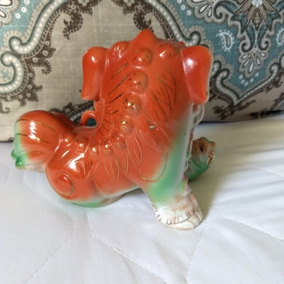Rare Antique Female Hand-painted Orange & Green Chinese Feng Shui Foo Dog Lion - Picture 2 of 12